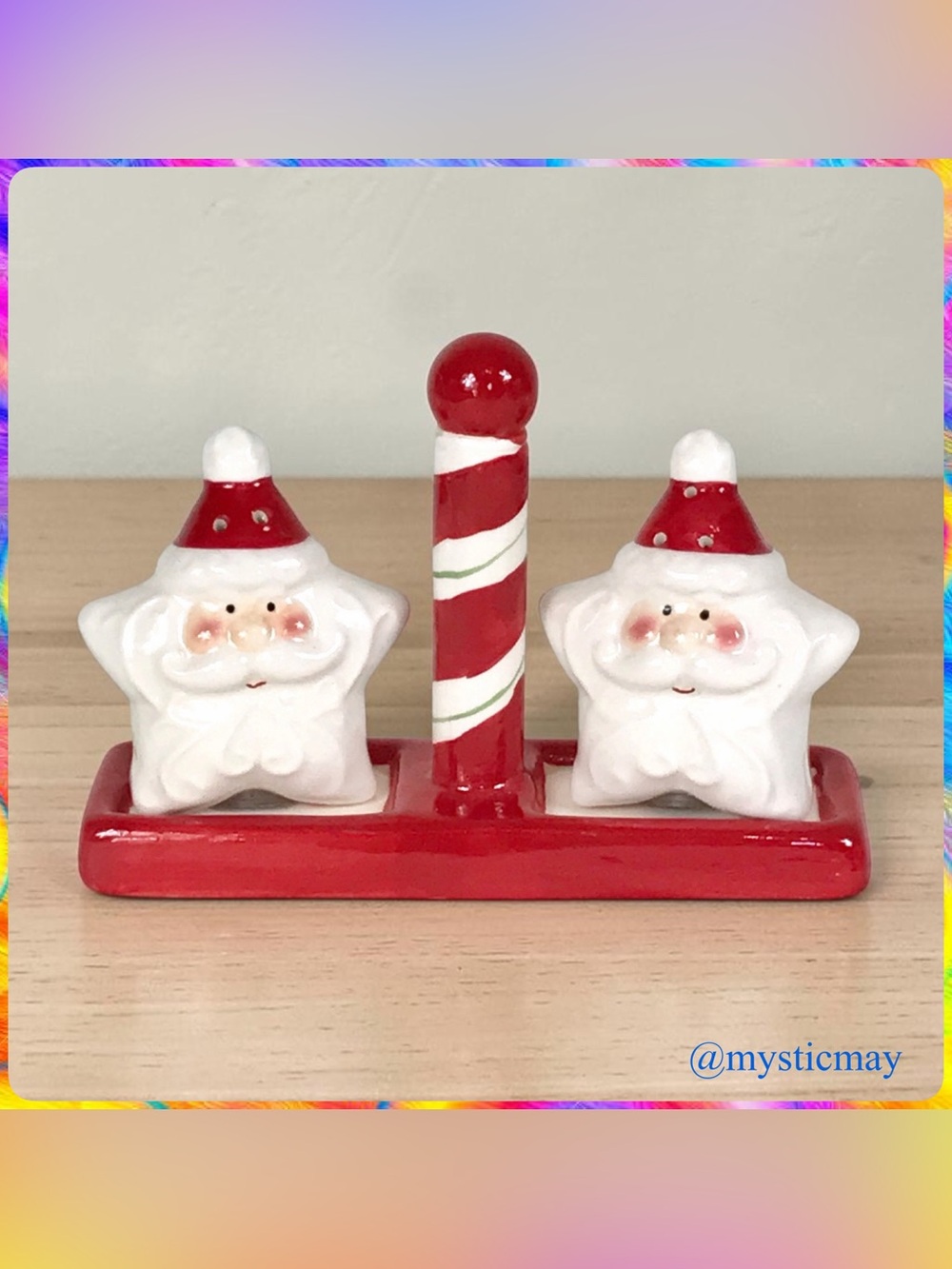 Vintage SANTA STAR 3 Piece Salt & Pepper Shakers Set w Red Candy Cane Stand Xmas